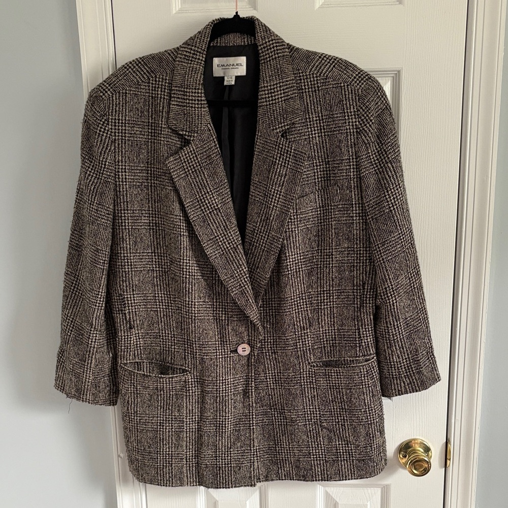 Emanuel Emanuel Ungaro Women's Black Taupe Houndstooth Plaid Blazer Missing Belt